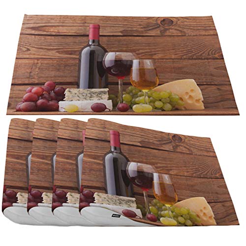 Moslion Wine and Cheese PlacematsRed Wine Cabernet Bottle and Glass Cheese and Grapes On Wood Planks Place Mats for Dining TableKitchen TableWaterproof Washable Outdoor Dinner Table MatsSet of 4