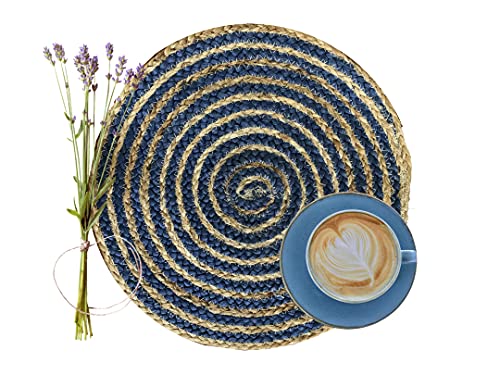 Nature4u 100 Jute Hand Braided Placemat Set of 6 Rustic Vintage Farmhouse Table top  Dining Table Round Placemat for Parties (14 Diameter Natural Blue) Set of 4  6 (6)