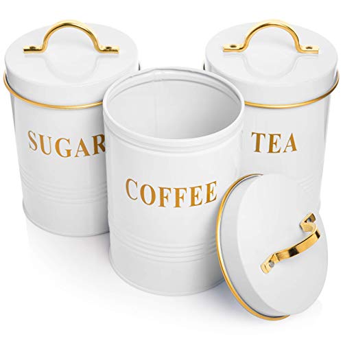 White Tea Coffee Sugar Canister Set with Airtight Lids for Fresher Goods  Farmhouse Canisters for Storage and Organization  Durable Coffee Sugar Container Set  Vintage Rustic Kitchen Canisters