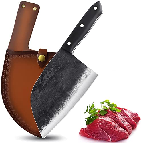 Forging Serbian Chef Knife Kitchen Chef Knives Full Tang High Carbon Clad Steel Almasi Butcher Cleaver with Leather Sheath (BAlmasi Knife)