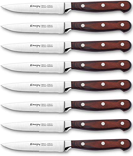 Steak knives Emojoy Steak knife set of 8 Highly Resistant and Durable German Stainless Steel Serrated Steak Knives with Gift Box
