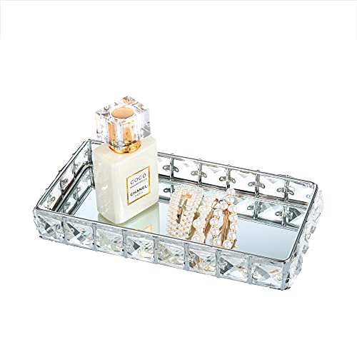 Feyarl Crystal Vanity Jewelry Trinket Tray AntiScratch Real Glass Surface Cosmetic Makeup Perfume Essential Oil Holder Display Organizer Storage (866 x 433 x 129inch)