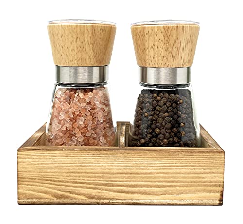 Wood Salt and Pepper Grinder Set with Holder Manual Sea Salt Peppercorn and Spice Mill Glass Container Adjustable Coarseness and Refillable for Modern Farmhouse Kitchen Table  Gifts