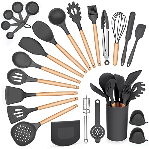 Herogo 25Piece Cooking Utensils Set with Holder Silicone Kitchen Utensils Set with Wooden Handle Heat Resistant Cooking Gadget Tools for Nonstick Cookware Gray