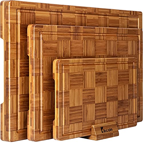 Extra Large Bamboo Cutting Boards (Set of 3) Chopping Boards with Juice Groove Bamboo Wood Cutting Board Set Butcher Block for Kitchen End Grain Serving Tray by Kikcoin