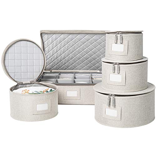 China Storage Set Hard Shell and Stackable for Dinnerware Storage and Transport Protects Dishes Cups and Mugs Felt Plate Dividers Included (Cream 5 Piece Set)