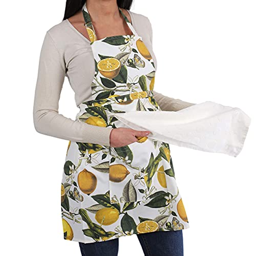 Cotonoble Kitchen Apron for Women with Pocket and Towels Waterproof Cooking Apron for Women with Adjustable Neck Cute Floral Apron Made in Turkey