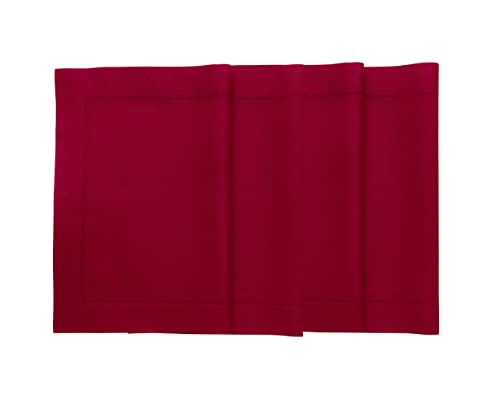 Solino Home Hemstitch Cotton Linen Placemats  14 x 19 Inch Set of 4  Natural Fabric Machine Washable Placemats  Handcrafted with Mitered Corners  Red