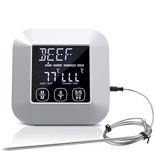 Digital Touch Screen Kitchen Thermometer for Meat Poultry Fish  Long Wired Probe Cooking in Frying Pan Oven Smoker BBQ Grill  Timer Mode (Metallic)