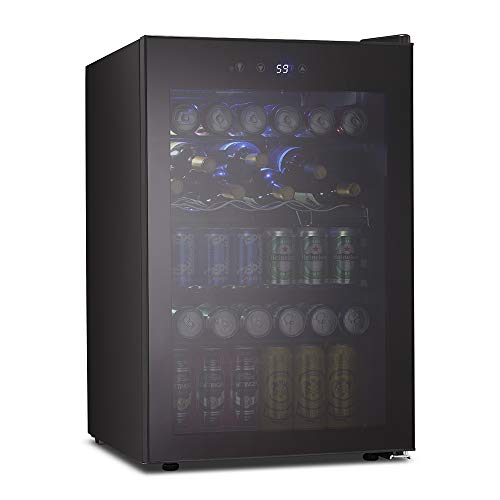 Kismile 45 Cuft Beverage Refrigerator and Cooler 145 Can Mini Fridge Glass Door with Digital Temperature Display for SodaBeer or WineSmall Drink Dispenser Cooler for HomeOffice or Bar (Black)