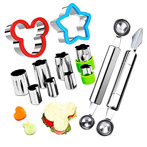Fruit Vegetable Cutter Shapes Set Mini Pie and Cookie Stamps Mold(8 pcs) with Melon Baller Scoop ＆ Carving Knife Stainless Steel DIY Fun Food Decorating Tools cookie cutter for Kitchen