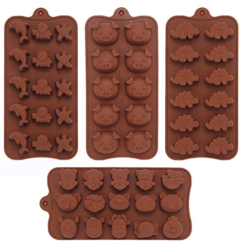 FREQMEN 4x 20 Shapes Patterns Silicone Mold Mould Set Kit Chocolate Cookies Candy Ice Jelly Wax Muffin Cake Cute Cartoon Animal Shell Pig Dinosaur Bear Fox Cow Dog Lion for Kids Children Boy Girl Love