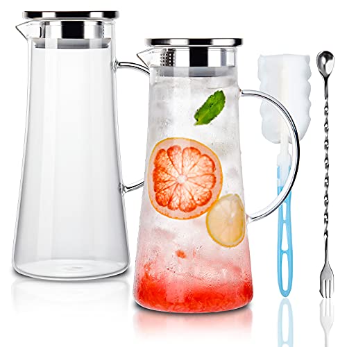 CREATIVELAND 14 Liter 47 Ounces High Borosilicate Glass CarafePitcher Set of 2 with Stainless Steel Fliptop Lid HotCold Water Jug JuiceIced Tea Wine Coffee Milk Beverage Carafe