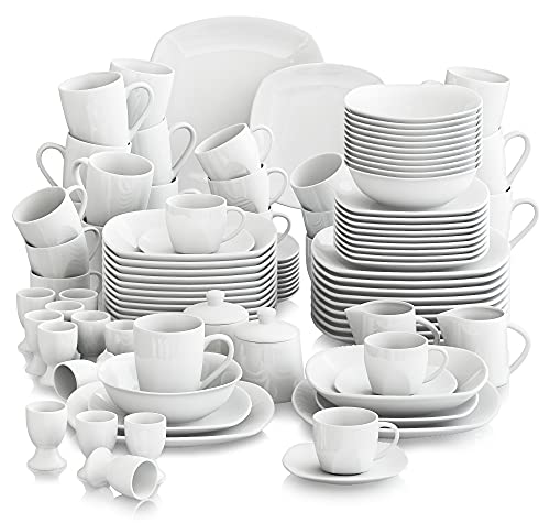 MALACASA Series Elisa 100Piece White Porcelain Dinner Sets with 12 Piece CupsSaucersMugsEgg CupsCereal BowlsDessert PlatesSoup PlatesFlat Plates and 2 Sugar Pot  2 Milk Jug