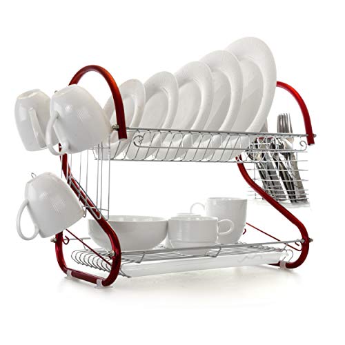 MegaChef Iron Wire Contemporary Dish Drying Rack with Included Hangers Utensil Compartment and Drip Tray 16 Inch Red and Silver Chrome