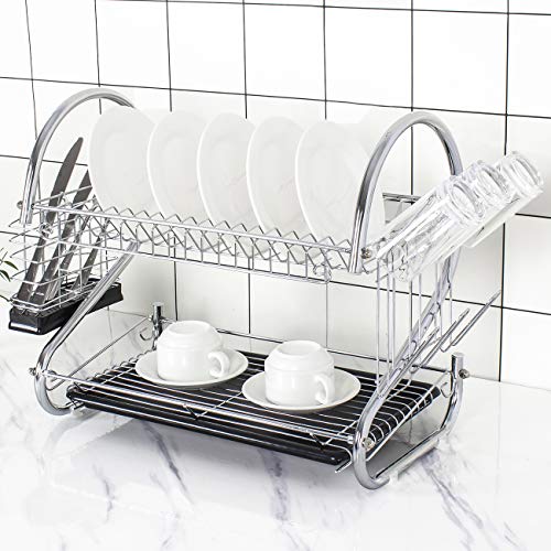 Tahlegy Black Drain Board Chrome Cutlery Drainer 2 Tier Dish Drying RackMore Space