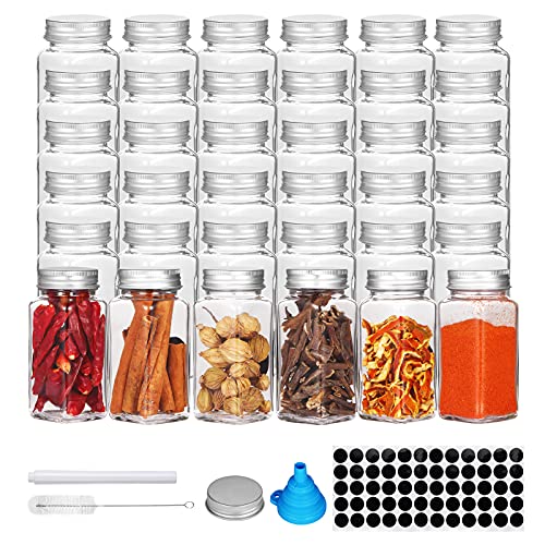 Cibeat 36 Pcs Glass Spice Jars with Spice Labels 4oz Empty Square Spice Bottles  Shaker Lids and Airtight Metal Caps  Silicone Collapsible Funnel