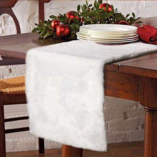 OurWarm Christmas Table Runner 72 x 15 Inch Snowy White Faux Fur Table Runner for Christmas Table Decorations