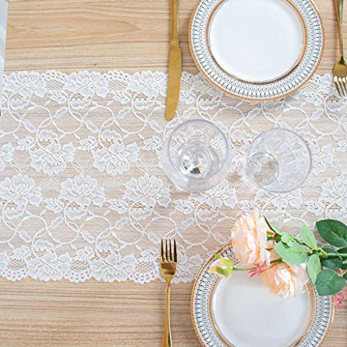 DUOBAO Lace Table Runner 12x120 Long White Lace Table Runners for Weddings White Lace Trim Outdoor Christmas Decorations Rose Vintage Embroidered Lace Runners for Tables Wedding (White Rose)