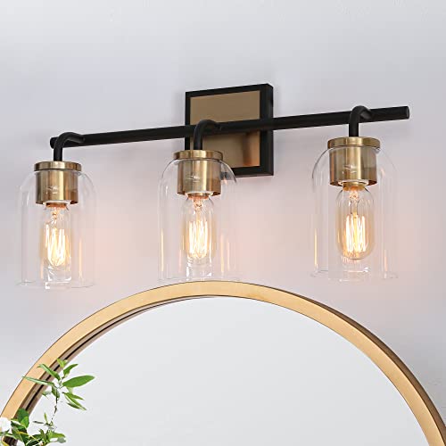 Durent Lighting Black  Gold Bathroom Light Fixtures Modern Farmhouse Bathroom Vanity Light with Electroplate Copper Accent Socket Back Plate and 3 Clear Glass Shade(197Lx 75W x 102H)