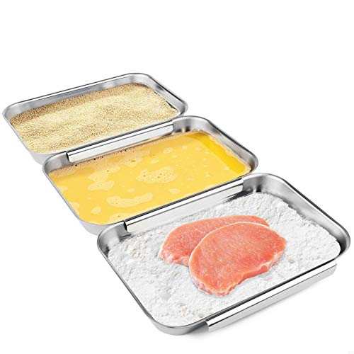 HULISEN Set of 3 Breading Pans Stainless Steel Breading Set for Marinating Meat Chicken Fish Food Prep Trays Coating Trays Can Be Used to Baking Cake Oven Safe