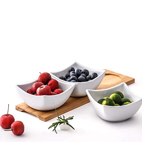 HengTianCheng Clean White Ceramic Bowl Bamboo Wood Tray，Fruits，Condiments，Appetizer Tray and Desserts Serving Tray ，（55In 3 Bowls 1 Wooden pallets）