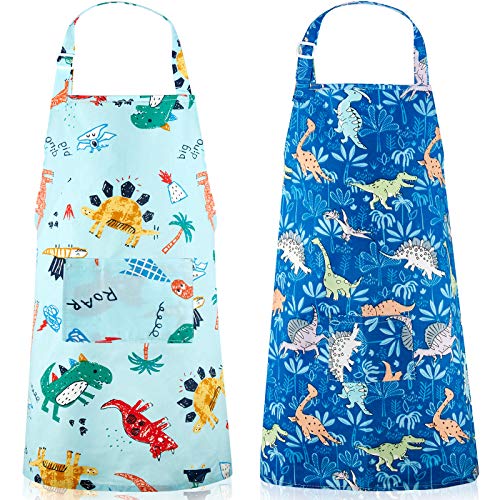 2 Pieces Kids Dinosaur Aprons Children Cartoon Kitchen Aprons with Pockets Cute Dinosaur Cooking Chef Aprons for 3  5 Years Children Cooking Baking Painting Party (193 x 189 Inch)