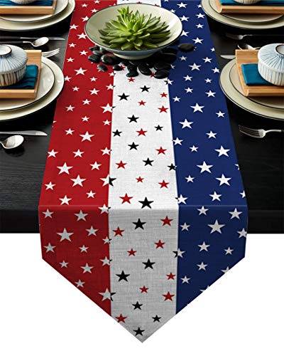 Independence Day Table Runner with Cotton Linen BlendJuly 4th Red White Blue Table Top Covers Table Runner Decoration for Indoor Outdoor Party Holiday Wedding Dining Table13 x 90inch Long