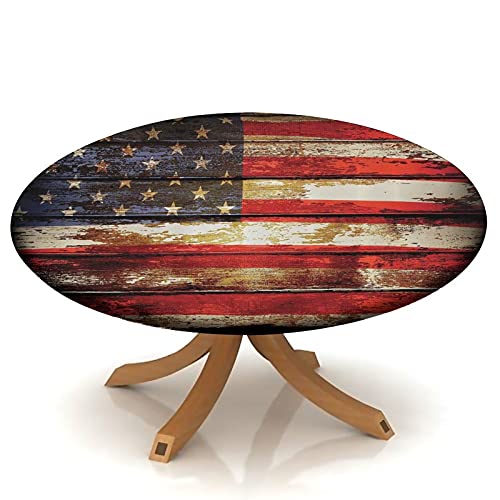 American Flag Fitted Tablecloth Round Symbolism Over Old Rusty Tones Weathered Vintage Social Plank Artwork Waterproof Table Cover for KitchenHome Decoration 56 Tablecloth  Fit for 48 Table