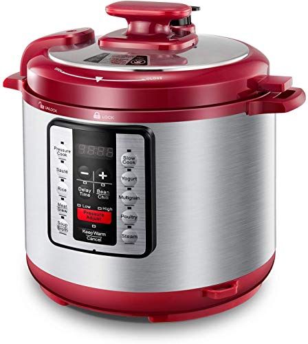 Electric Pressure Cooker ICOOKPOT 9-in-1 Multi- Use Programmable Smart Pressure Cooker Slow Cooker Yogurt Maker Rice Cooker Steamer Soup and Warmer Steam Rack and Recipes Red