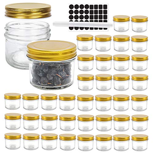 40 Pack 4 oz Glass Mason jars With Regular Gold Lids Perfect Canning Jars Containers for Jam Honey CandiesWedding Favors Decorations Baby Foods Included 1 Pens and 80 Labels