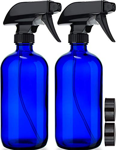 Empty Blue Glass Spray Bottles (2 Pack)  BPA Free Lead Free  Large 16 oz Refillable Bottle for Plants Pets Essential Oils Cleaning Products  Black Trigger Sprayer wMist and Stream Settings