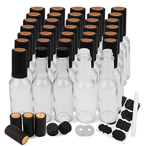 Glass BottlesEncheng 5oz Clear Woozy Bottles with Shrink CapsulesSmall Wine Bottles With Shirnk Bands Glass Hot Sauce BottlesEmpty Small Beverage Bottles Canning Bottles With Black Caps Case of 35