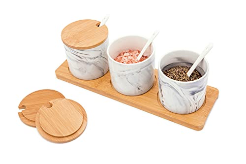 C2MWIZ Marble Porcelain Condiment Jar Spice Container with Bamboo Lids Ceramic Spoons  Wooden Serving Tray Modern Ceramic Sugar Bowl Set of 3 For Kitchen (Gray)