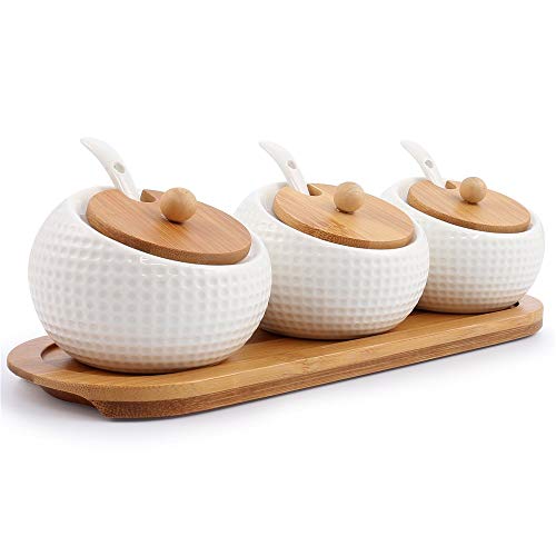 Porcelain Condiment Jar Spice Container with Lids  Bamboo Cap Holder Spot Ceramic Serving Spoon Wooden Tray  Best Pottery Cruet Pot for Your Home Kitchen Counter White170 ML (58 OZ) Set of 3