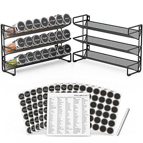 3 Tier Spice Rack Set of 2 Multipurpose Seasoning Organizer for Cabinet Countertop and Wall Mounted Kitchen Spice Racks with 396 Label Stickers and Chalk Marker Black
