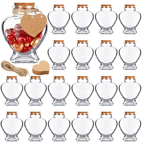 20 Pieces 5oz Valentines Day Heart Shaped Glass Jar Bottles with Cork Lids Small Heart Glass Wish Bottles with Heart Label Tags and Strings for DIY Valentines Day Party Wedding Decoration 148 ml