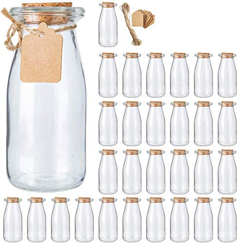 Brajttt 30Pcs Glass Favor Jar with Cork Lids，Pudding Jars with Cork StopperGlass Jars with Ice CreamGlass Yogurt BottleRound Milk Glass Jars with Tags and Strings（200 ML7OZ）