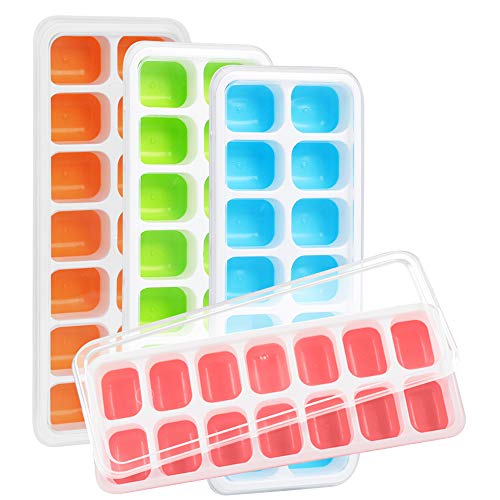Kootek 4 Pack Silicone Ice Cube Trays with Lid  BPA Free Flexible 56Ice Cubes Molds Easy Release Ice Trays with SpillResistant Removable Cover Dishwasher Safe and Stackable Durable (Multi)