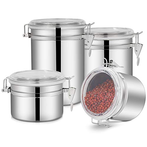 4Piece Stainless Steel Airtight Canister Set Food Storage Container Jars for Kitchen Counter Flour Coffee Bean Tea Cereal Sugar Cookie Storage Canister with Clear Acrylic Lid  Locking Clamp