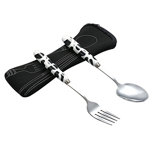 Stainless steel Fork Spoon Set with Ceramic Handle and Carrying Case for Kids and adults fork spoon black