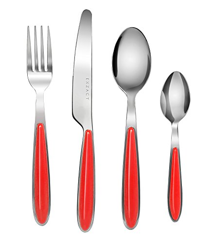 Exzact EX07 - 24 pcs Flatware Cutlery Set - Stainless Steel With Color Handles - 6 Forks 6 Dinner Knives 6 Dinner Spoons 6 Teaspoons  Red x 24