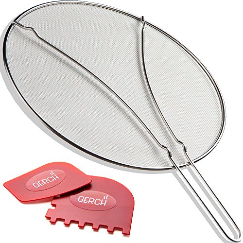 Grease Splatter Screen for Frying Pan 13’’ - Oil Splatter Guard with Fine Mesh Long Handle and Resting Feet - for Safe and Cleaner Cooking - Stainless Steel