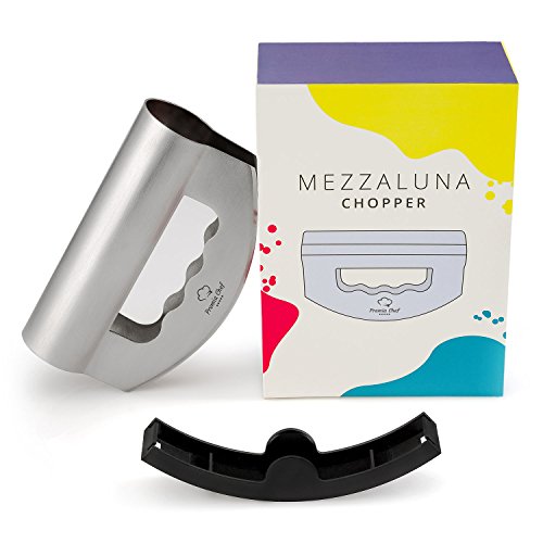 Mezzaluna Chopper - Complete Bundle - Stainless Steel Mezzaluna Knife with Double Blade Protective Cover and Storage Box - Multipurpose Premium Salad Chopper for Home and Restaurant by PremiaChef