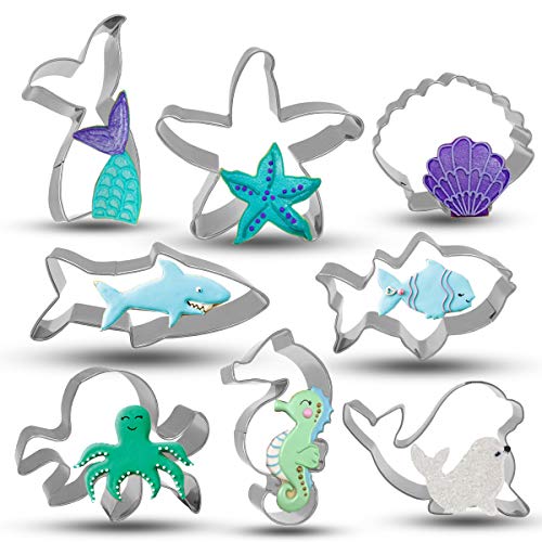 Bonropin Under the Sea Creatures Cookie Cutter Set - 8 Piece Stainless Steel Cutters Molds Cutters for Making Shark Mermaid Tail Seahorse Starfish Seashell Octopus Clownfish Seal